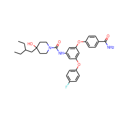 CCC(CC)CC1(O)CCN(C(=O)Nc2cc(Oc3ccc(F)cc3)cc(Oc3ccc(C(N)=O)cc3)c2)CC1 ZINC000223229921