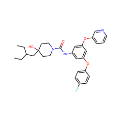 CCC(CC)CC1(O)CCN(C(=O)Nc2cc(Oc3ccc(F)cc3)cc(Oc3cccnc3)c2)CC1 ZINC000299868653