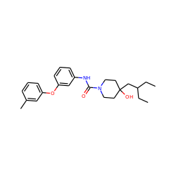 CCC(CC)CC1(O)CCN(C(=O)Nc2cccc(Oc3cccc(C)c3)c2)CC1 ZINC000299865550