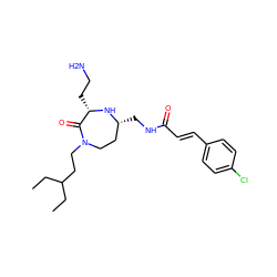 CCC(CC)CCN1CC[C@@H](CNC(=O)/C=C/c2ccc(Cl)cc2)N[C@@H](CCN)C1=O ZINC001772651943