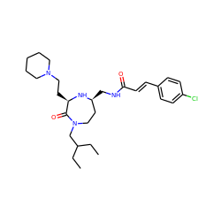 CCC(CC)CN1CC[C@H](CNC(=O)/C=C/c2ccc(Cl)cc2)N[C@H](CCN2CCCCC2)C1=O ZINC000206911484