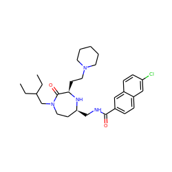 CCC(CC)CN1CC[C@H](CNC(=O)c2ccc3cc(Cl)ccc3c2)N[C@H](CCN2CCCCC2)C1=O ZINC000206888093