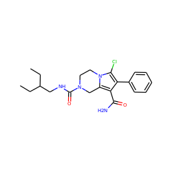 CCC(CC)CNC(=O)N1CCn2c(Cl)c(-c3ccccc3)c(C(N)=O)c2C1 ZINC000223391057