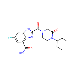 CCC(CC)N1CCN(C(=O)c2nc3c(C(N)=O)cc(F)cc3[nH]2)CC1=O ZINC001772647980