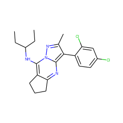 CCC(CC)Nc1c2c(nc3c(-c4ccc(Cl)cc4Cl)c(C)nn13)CCC2 ZINC000038395244