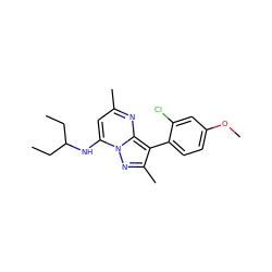 CCC(CC)Nc1cc(C)nc2c(-c3ccc(OC)cc3Cl)c(C)nn12 ZINC000072113282