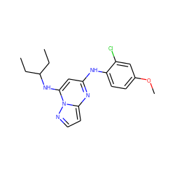 CCC(CC)Nc1cc(Nc2ccc(OC)cc2Cl)nc2ccnn12 ZINC000072116821