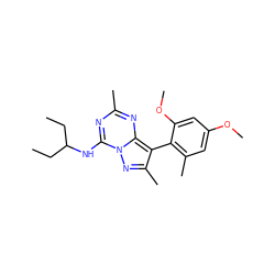 CCC(CC)Nc1nc(C)nc2c(-c3c(C)cc(OC)cc3OC)c(C)nn12 ZINC000040409976