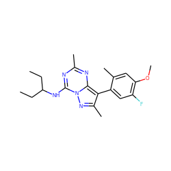 CCC(CC)Nc1nc(C)nc2c(-c3cc(F)c(OC)cc3C)c(C)nn12 ZINC000040936992