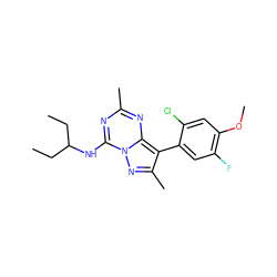 CCC(CC)Nc1nc(C)nc2c(-c3cc(F)c(OC)cc3Cl)c(C)nn12 ZINC000040410299