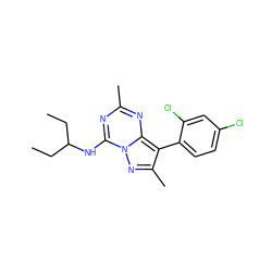 CCC(CC)Nc1nc(C)nc2c(-c3ccc(Cl)cc3Cl)c(C)nn12 ZINC000013804969