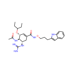 CCC(CC)O[C@@H]1C=C(C(=O)NOCCCc2cc3ccccc3[nH]2)C[C@H](NC(=N)N)[C@H]1NC(C)=O ZINC000299831888