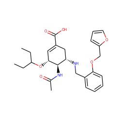 CCC(CC)O[C@@H]1C=C(C(=O)O)C[C@H](NCc2ccccc2OCc2ccco2)[C@H]1NC(C)=O ZINC000299818923