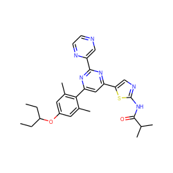 CCC(CC)Oc1cc(C)c(-c2cc(-c3cnc(NC(=O)C(C)C)s3)nc(-c3cnccn3)n2)c(C)c1 ZINC000084709677