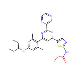 CCC(CC)Oc1cc(C)c(-c2cc(-c3cnc(NC(=O)OC)s3)nc(-c3cnccn3)n2)c(C)c1 ZINC000084688107