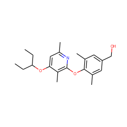 CCC(CC)Oc1cc(C)nc(Oc2c(C)cc(CO)cc2C)c1C ZINC000014975001