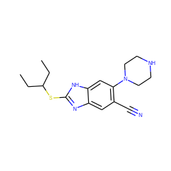 CCC(CC)Sc1nc2cc(C#N)c(N3CCNCC3)cc2[nH]1 ZINC000029050270