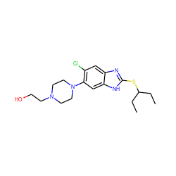 CCC(CC)Sc1nc2cc(Cl)c(N3CCN(CCO)CC3)cc2[nH]1 ZINC000029050076