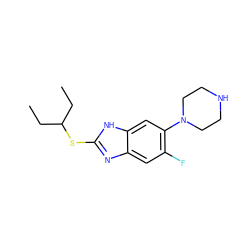 CCC(CC)Sc1nc2cc(F)c(N3CCNCC3)cc2[nH]1 ZINC000029050420