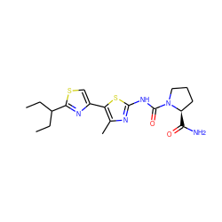 CCC(CC)c1nc(-c2sc(NC(=O)N3CCC[C@H]3C(N)=O)nc2C)cs1 ZINC000140025628