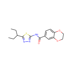 CCC(CC)c1nnc(NC(=O)c2ccc3c(c2)OCCO3)s1 ZINC000002651404