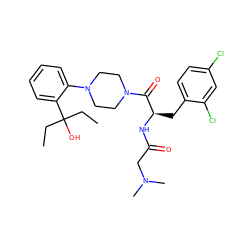 CCC(O)(CC)c1ccccc1N1CCN(C(=O)[C@@H](Cc2ccc(Cl)cc2Cl)NC(=O)CN(C)C)CC1 ZINC000044352265