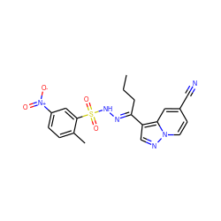 CCC/C(=N\NS(=O)(=O)c1cc([N+](=O)[O-])ccc1C)c1cnn2ccc(C#N)cc12 ZINC000073198579