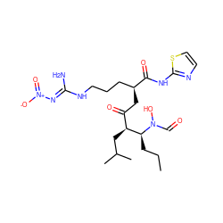 CCC[C@@H]([C@@H](CC(C)C)C(=O)C[C@@H](CCCN/C(N)=N/[N+](=O)[O-])C(=O)Nc1nccs1)N(O)C=O ZINC000056819259