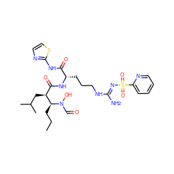 CCC[C@@H]([C@@H](CC(C)C)C(=O)N[C@@H](CCCN/C(N)=N/S(=O)(=O)c1ccccn1)C(=O)Nc1nccs1)N(O)C=O ZINC000027426719