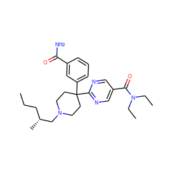 CCC[C@@H](C)CN1CCC(c2cccc(C(N)=O)c2)(c2ncc(C(=O)N(CC)CC)cn2)CC1 ZINC000169328534