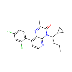 CCC[C@@H](C1CC1)n1c(=O)c(C)nc2c(-c3ccc(Cl)cc3Cl)ccnc21 ZINC000084672494