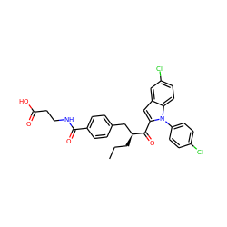 CCC[C@@H](Cc1ccc(C(=O)NCCC(=O)O)cc1)C(=O)c1cc2cc(Cl)ccc2n1-c1ccc(Cl)cc1 ZINC000060328778