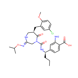 CCC[C@@H](NC(=O)N1C/C(=N/OC(C)C)NC[C@@H](Cc2cc(Cl)ccc2OC)C1=O)c1ccc(C(=O)O)c(N)c1 ZINC000169707565