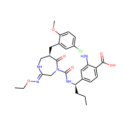 CCC[C@@H](NC(=O)N1C/C(=N/OCC)NC[C@@H](Cc2cc(Cl)ccc2OC)C1=O)c1ccc(C(=O)O)c(N)c1 ZINC000169707561