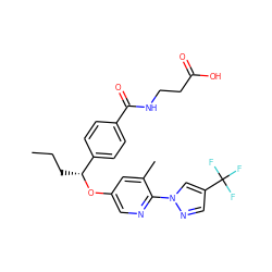 CCC[C@@H](Oc1cnc(-n2cc(C(F)(F)F)cn2)c(C)c1)c1ccc(C(=O)NCCC(=O)O)cc1 ZINC000169694315