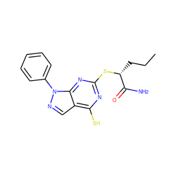 CCC[C@@H](Sc1nc(S)c2cnn(-c3ccccc3)c2n1)C(N)=O ZINC000013759696