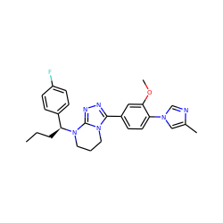 CCC[C@@H](c1ccc(F)cc1)N1CCCn2c(-c3ccc(-n4cnc(C)c4)c(OC)c3)nnc21 ZINC000066100845