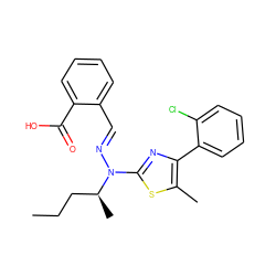 CCC[C@H](C)N(/N=C/c1ccccc1C(=O)O)c1nc(-c2ccccc2Cl)c(C)s1 ZINC001772571209