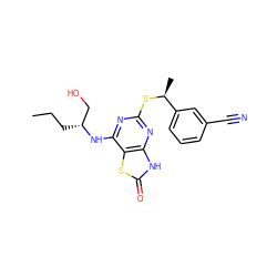 CCC[C@H](CO)Nc1nc(S[C@@H](C)c2cccc(C#N)c2)nc2[nH]c(=O)sc12 ZINC000095602546