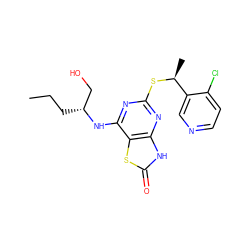 CCC[C@H](CO)Nc1nc(S[C@@H](C)c2cnccc2Cl)nc2[nH]c(=O)sc12 ZINC000095603169