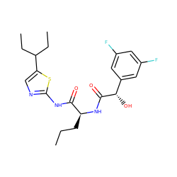 CCC[C@H](NC(=O)[C@@H](O)c1cc(F)cc(F)c1)C(=O)Nc1ncc(C(CC)CC)s1 ZINC000028827423