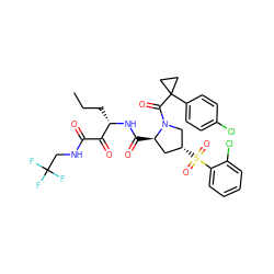 CCC[C@H](NC(=O)[C@@H]1C[C@@H](S(=O)(=O)c2ccccc2Cl)CN1C(=O)C1(c2ccc(Cl)cc2)CC1)C(=O)C(=O)NCC(F)(F)F ZINC000169702121