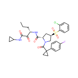 CCC[C@H](NC(=O)[C@@H]1C[C@@H](S(=O)(=O)c2ccccc2Cl)CN1C(=O)C1(c2ccc(I)cc2)CC1)C(=O)C(=O)NC1CC1 ZINC000169702100