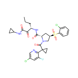 CCC[C@H](NC(=O)[C@@H]1C[C@@H](S(=O)(=O)c2ccccc2Cl)CN1C(=O)C1(c2ncc(Cl)cc2F)CC1)C(=O)C(=O)NC1CC1 ZINC000169702106