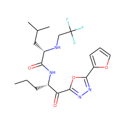 CCC[C@H](NC(=O)[C@H](CC(C)C)NCC(F)(F)F)C(=O)c1nnc(-c2ccco2)o1 ZINC000040566202