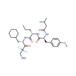 CCC[C@H](NC(=O)[C@H](Cc1ccc(OC)cc1)NC(=O)CC(C)C)C(=O)N[C@@H](CC1CCCCC1)C(=O)C(F)(F)CN ZINC000027732623