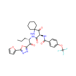 CCC[C@H](NC(=O)[C@H](NC(=O)c1ccc(OC(F)(F)F)cc1)C(=O)C1(N)CCCCC1)C(=O)c1nnc(-c2ccco2)o1 ZINC000044031801