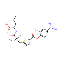 CCC[C@H](NC(=O)C(CC)(CC)Cc1ccc(C(=O)Oc2ccc(C(=N)N)cc2F)s1)C(=O)O ZINC000261072058