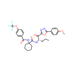 CCC[C@H](NC(=O)C1(NC(=O)c2ccc(OC(F)(F)F)cc2)CCCCC1)C(=O)c1nnc(-c2ccc(OC)cc2)o1 ZINC000036287279