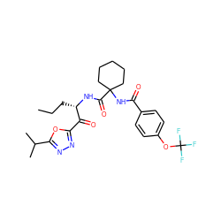 CCC[C@H](NC(=O)C1(NC(=O)c2ccc(OC(F)(F)F)cc2)CCCCC1)C(=O)c1nnc(C(C)C)o1 ZINC000040566769